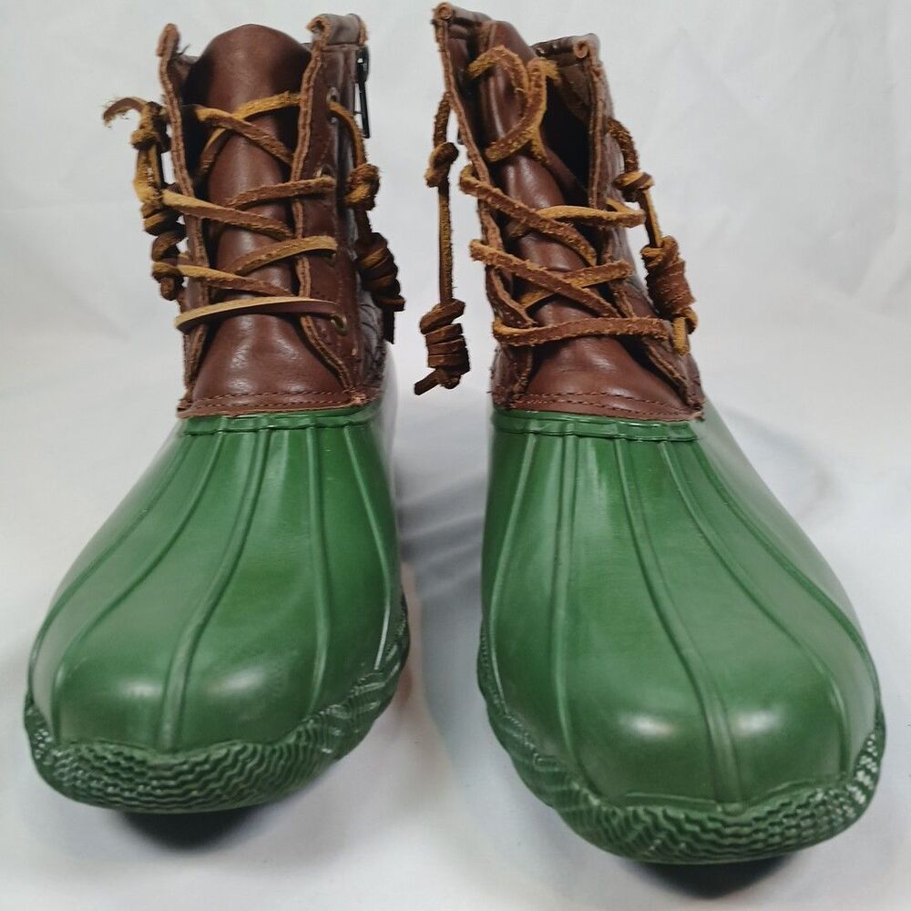 Steve Madden Duck Boots Women’s Size 8 Green Rubber Brown Leather Quilted Winter - Picture 6 of 13